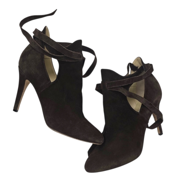 Jimmy Choo Marina Chocolate Brown Suede Stiletto Heel Cutout Bootie Heels 8.5 US - Picture 2 of 16